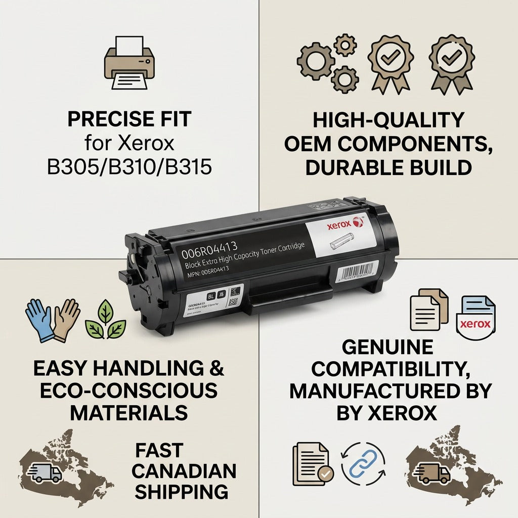 Infographic matrix for the Xerox 006R04413 toner, highlighting OEM features, compatibility, and certifications.