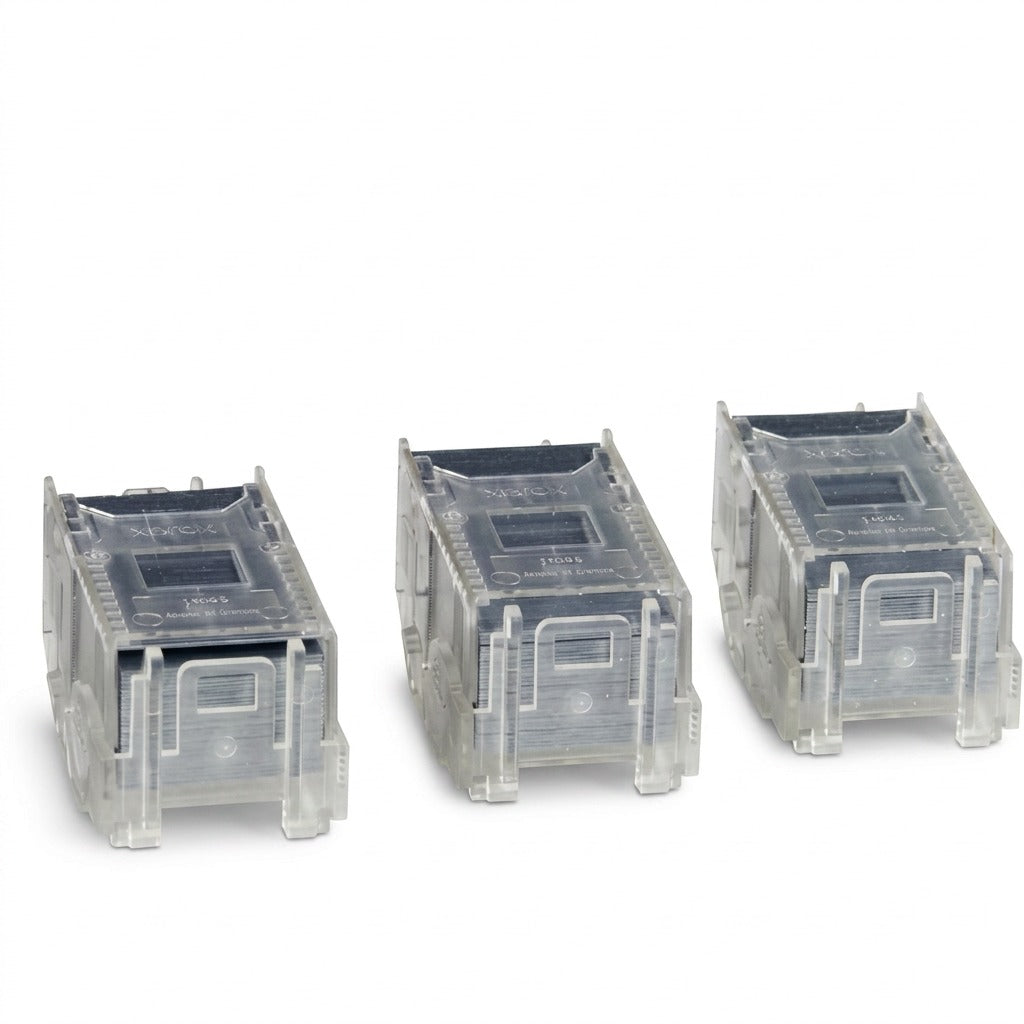 Clean studio shot of three clear plastic staple refills from the Xerox 008R12941 kit, shown in precise detail on a pure white background.