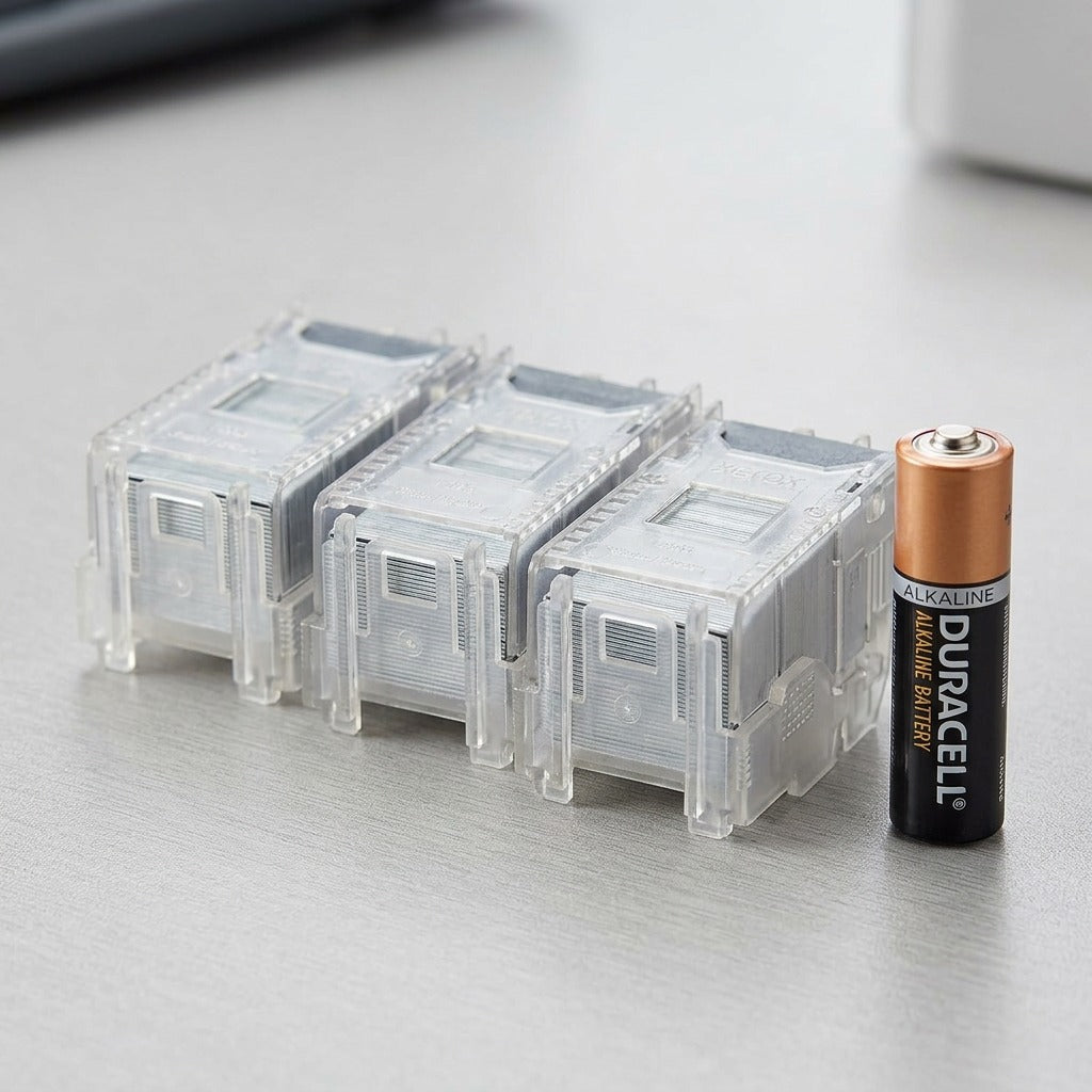 Size perspective shot: three identical clear plastic Xerox 008R12941 staple refills displayed next to a standard AA battery.