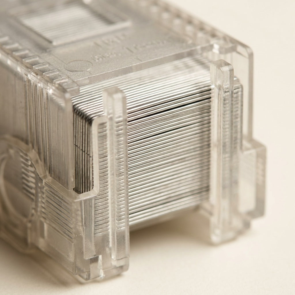 A detailed macro photograph showing the precise, stacked steel staple wire inside a translucent plastic Xerox cartridge.