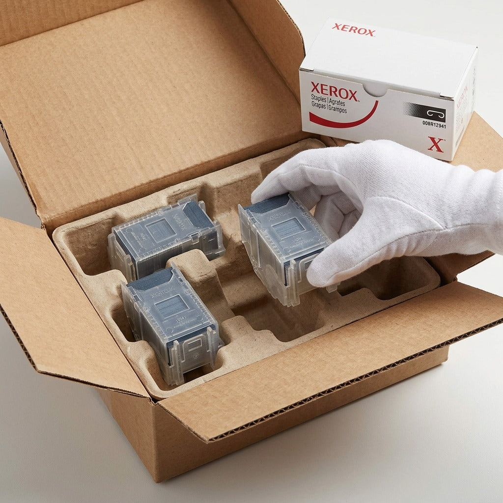 A close-up photograph shows an opened shipping box with foam inserts protecting three Xerox 008R12941 staple refills.