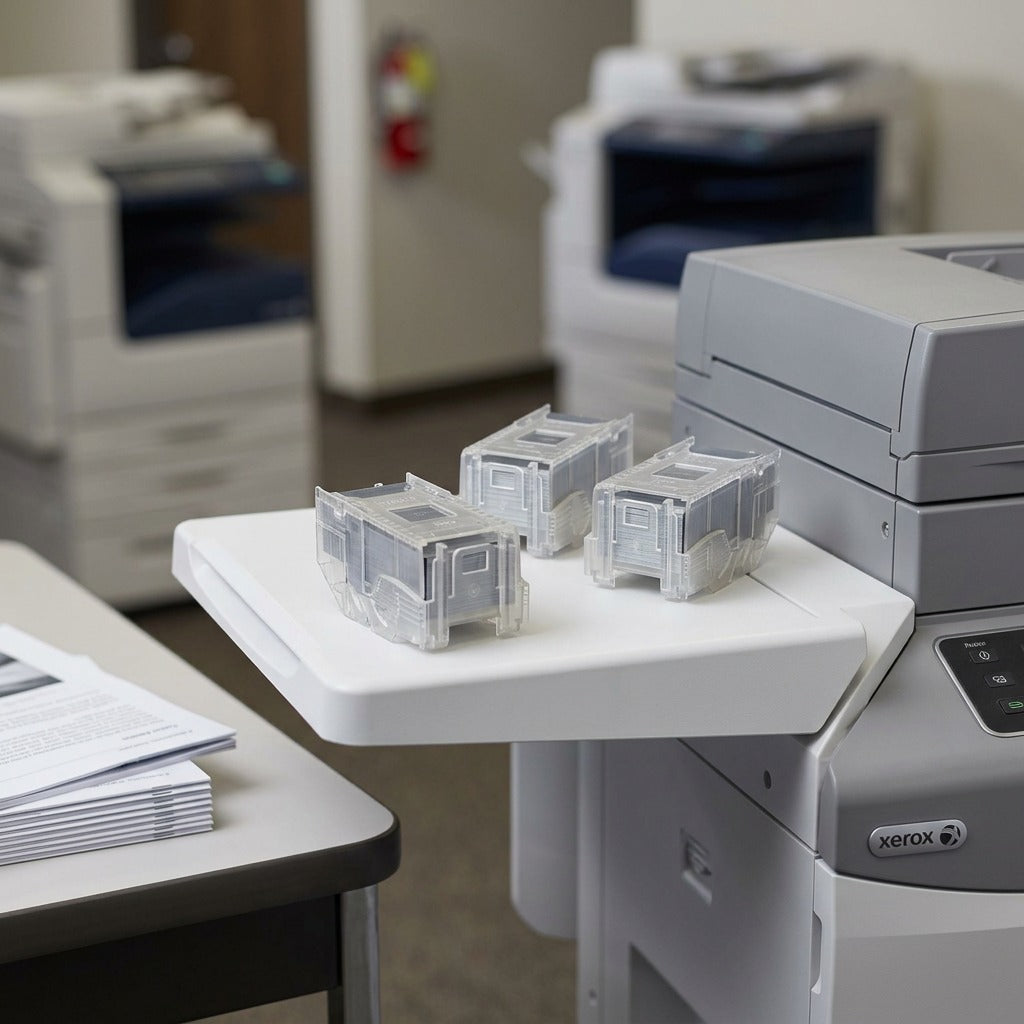 A detailed view of a three-pack of Xerox 008R12941 staples inside its clear plastic refill cartridges, placed on top of a stack of documents next to a high-volume Xerox office copier and finisher.