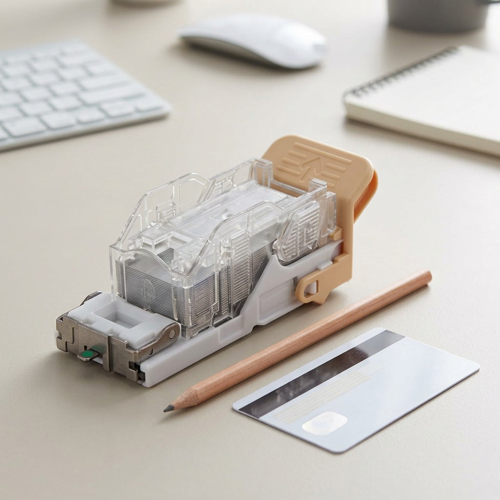 Xerox staple cartridge shown next to a pencil and credit card for true scale on a desk.