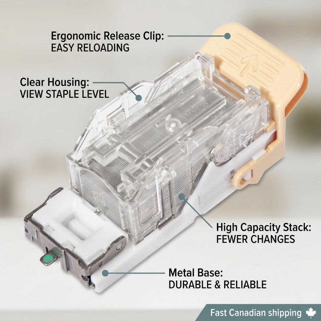 An operational feature callout visual highlighting key components of the Xerox 008R12964 staple cartridge, including the ergonomic clip, clear casing, visible staple stack, and metal base.