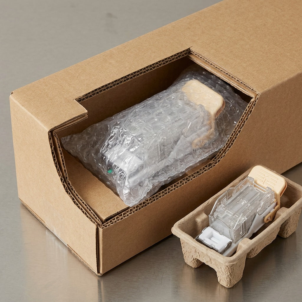 An unboxing of the Xerox 008R12964 staple cartridge from a protective bubble wrap bag and durable box.