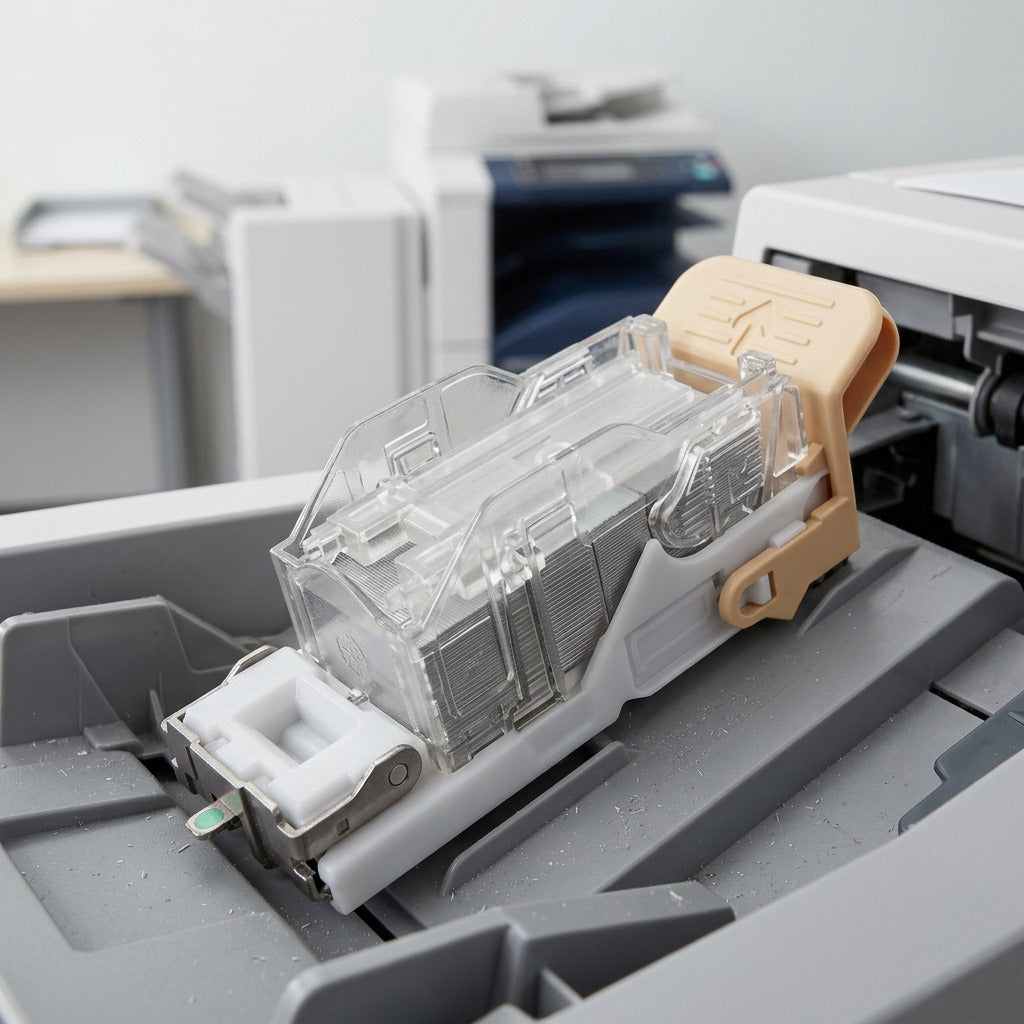 A 3/4 view of the Xerox 008R12964 staple cartridge resting in an office copier's finisher slot.