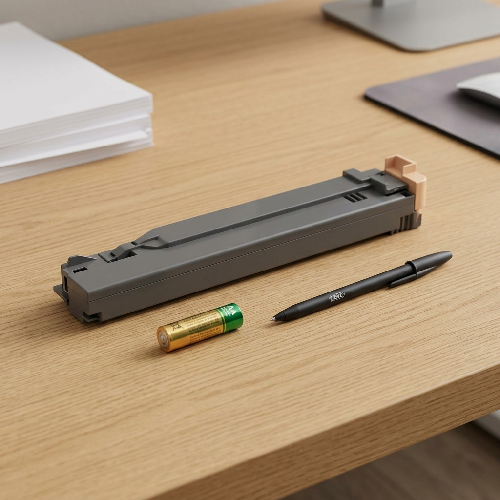 Xerox waste toner cartridge on office desk next to a pen and battery for scale.
