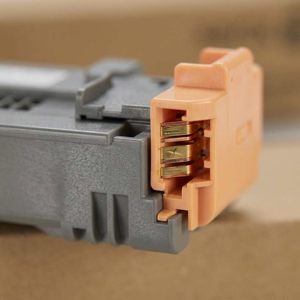 Extreme close-up of the orange-peach precision connector on the Xerox 008R13061 waste toner cartridge.