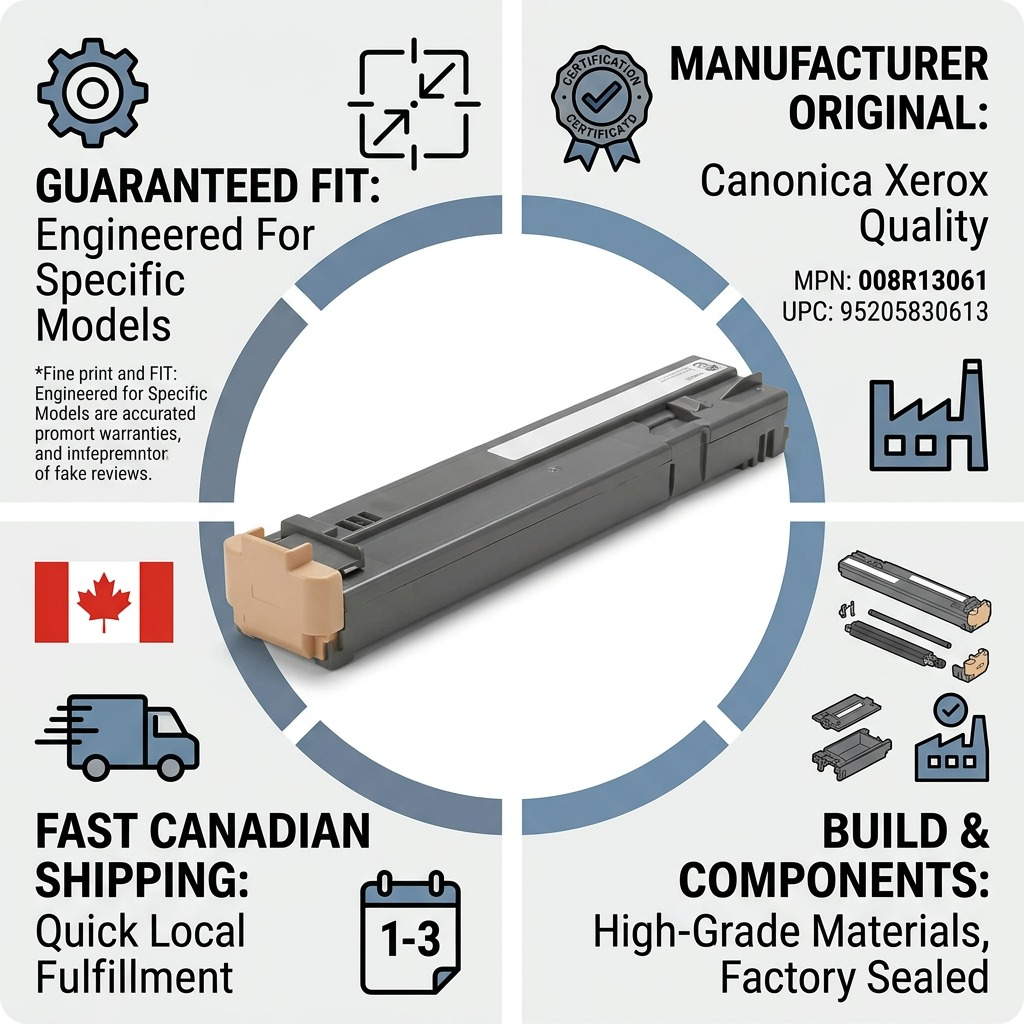 Infographic detailing Xerox 008R13061 waste container features, guaranteed fit, and fast Canadian shipping.