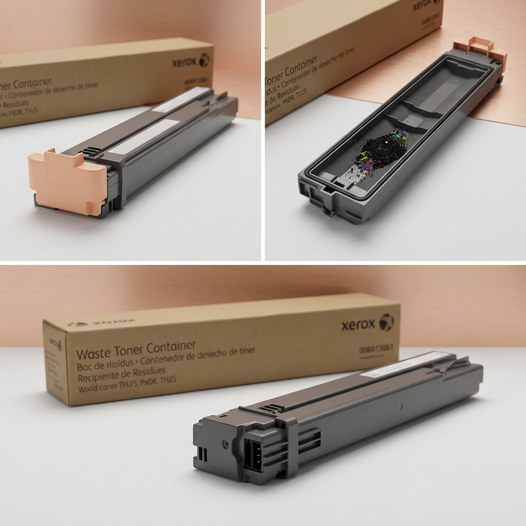 A 3-part matrix showcasing the Xerox Waste Toner Cartridge (008R13061) from front, side-top, and rear-angled views.
