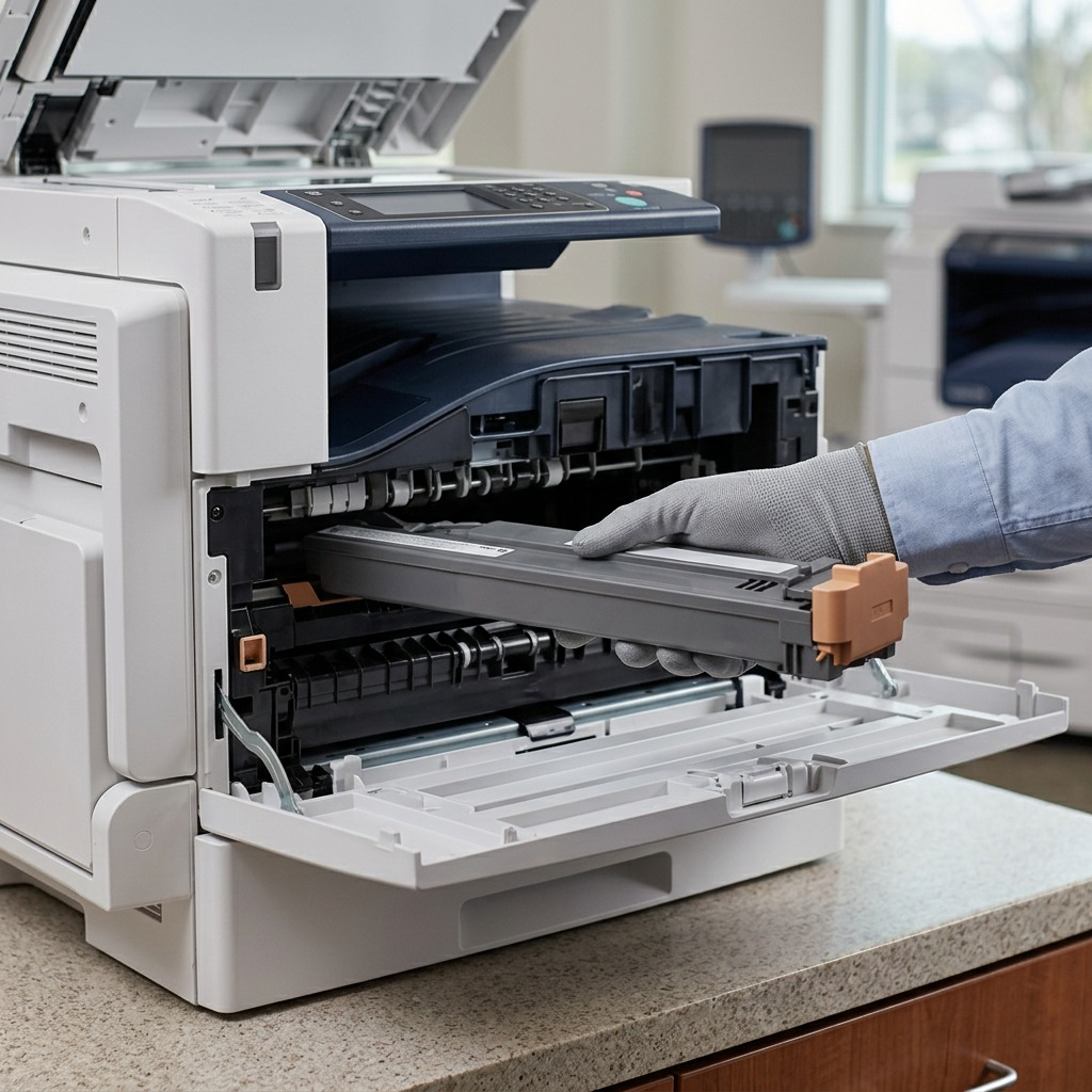 A Xerox 008R13061 waste toner cartridge is precisely installed into a large office copier.