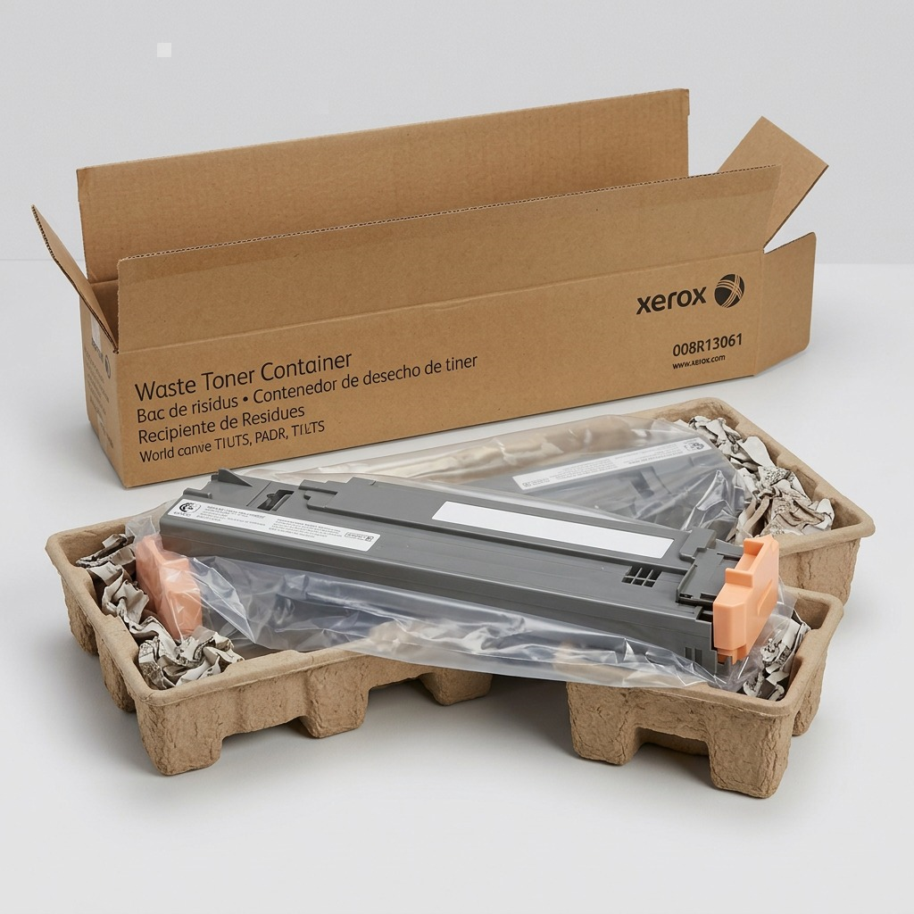 Premium e-commerce scene of the Xerox 008R13061 Waste Toner Cartridge, newly unboxed but perfectly and securely protected, shown alongside its canonical product box and neat packing materials, built to inspire shipping confidence.