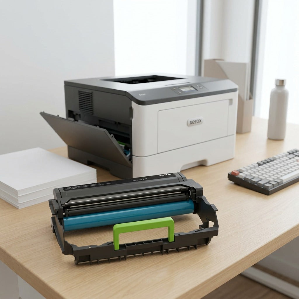 A lifestyle photo showing the distinct Xerox 013R00690 black imaging unit (green handle, blue drum visible) resting with printer gears on a clean desk, ready to be installed in a printer. The packaging from the reference image is not present.