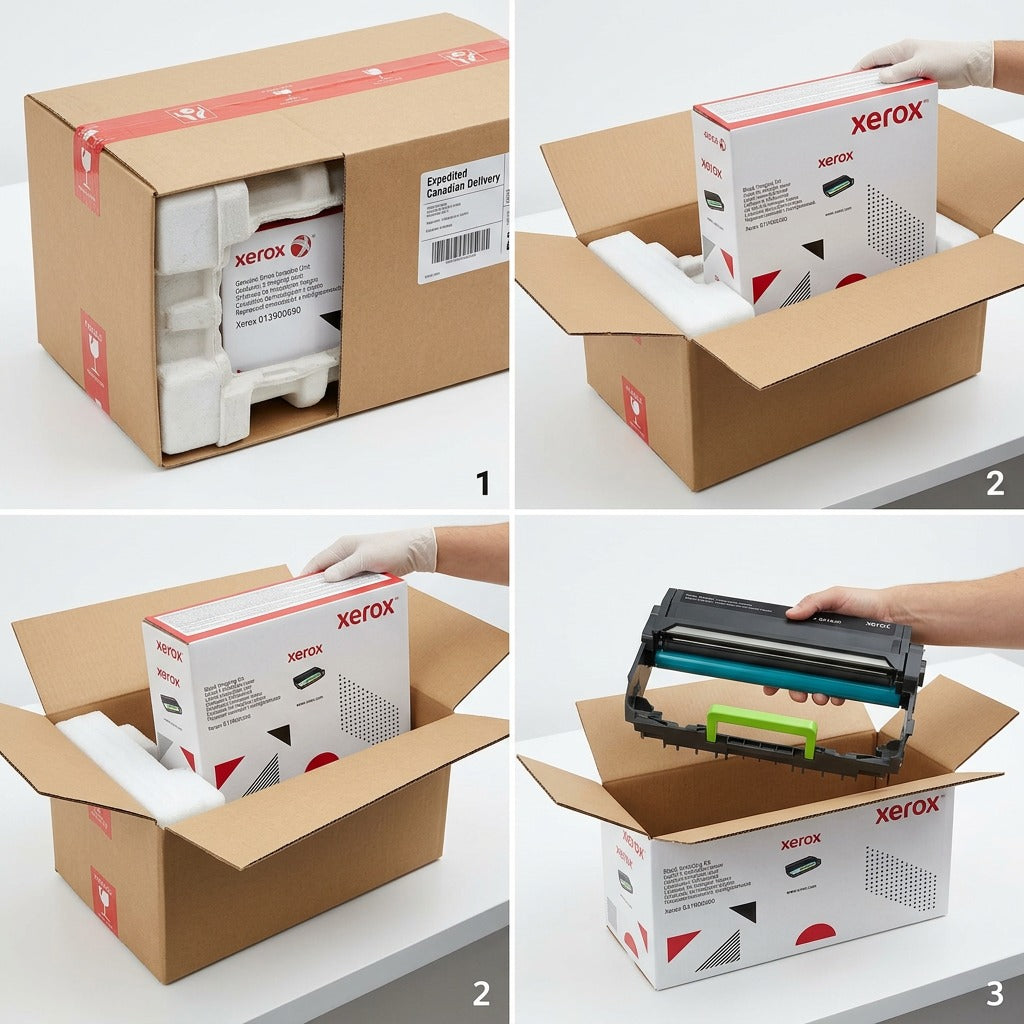 A progression showing the secure packaging and immaculate unboxing of a Xerox B310 Imaging Unit.