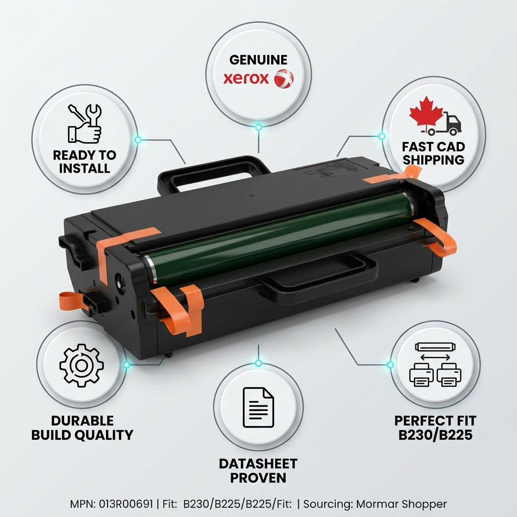 Infographic for Genuine Xerox Imaging Unit with product icons for build quality, fit, and fast shipping.