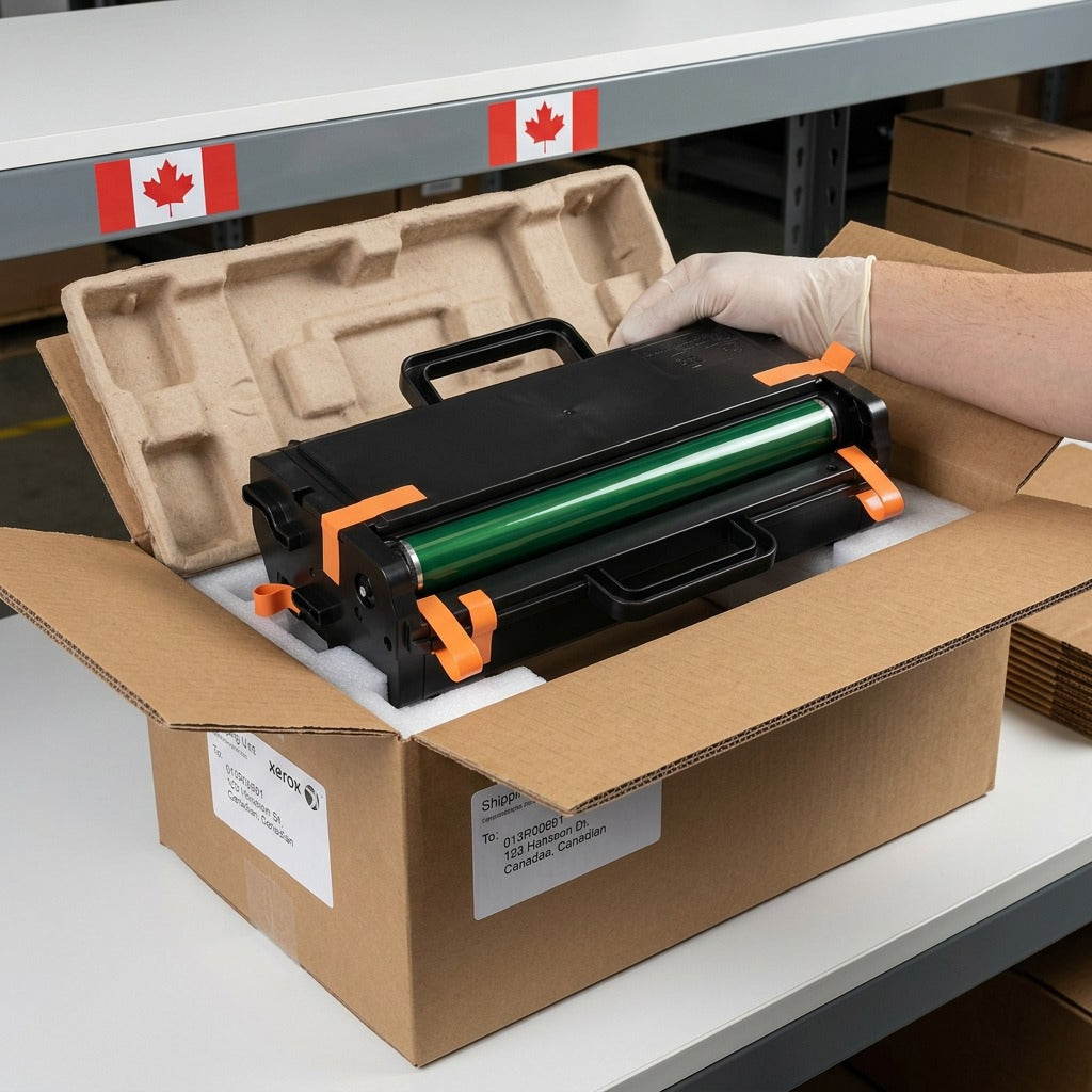 A realistic photo of the Xerox 013R00691 imaging unit arriving safely, surrounded by secure protective packaging and a sturdy cardboard delivery box.