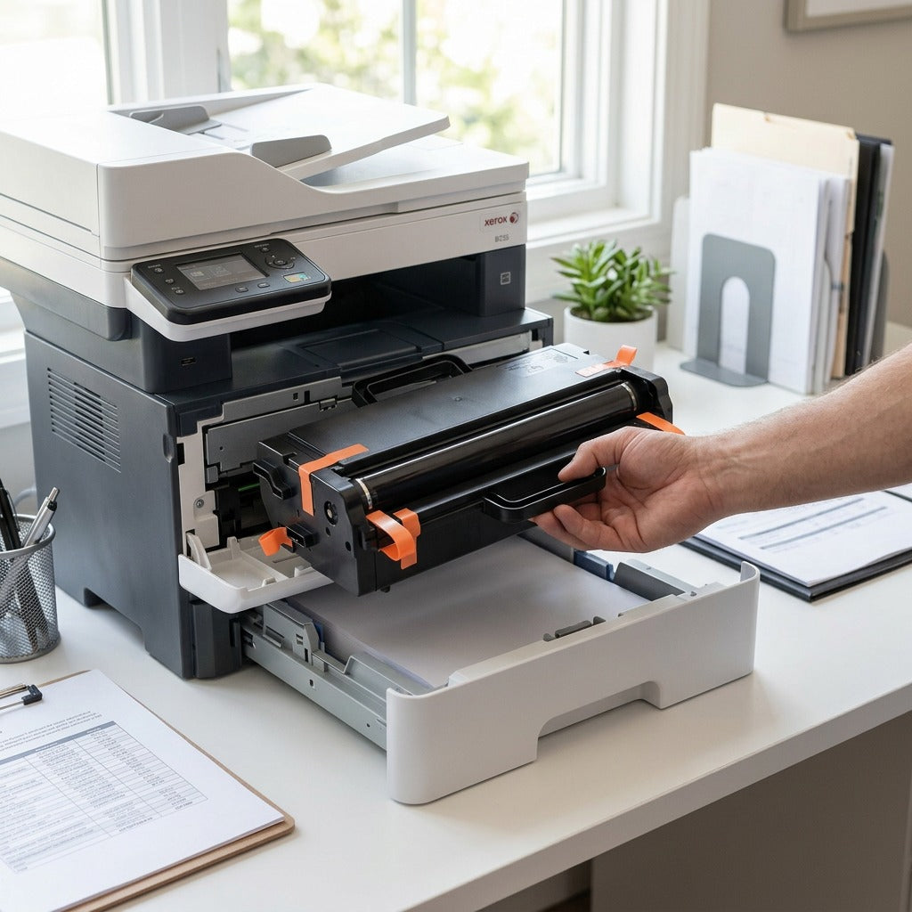 A close-up lifestyle photograph showing the distinct Xerox 013R00691 genuine imaging unit with its bright orange tabs being inserted into an open, modern Xerox B-series laser printer on a clean office desk with natural light.