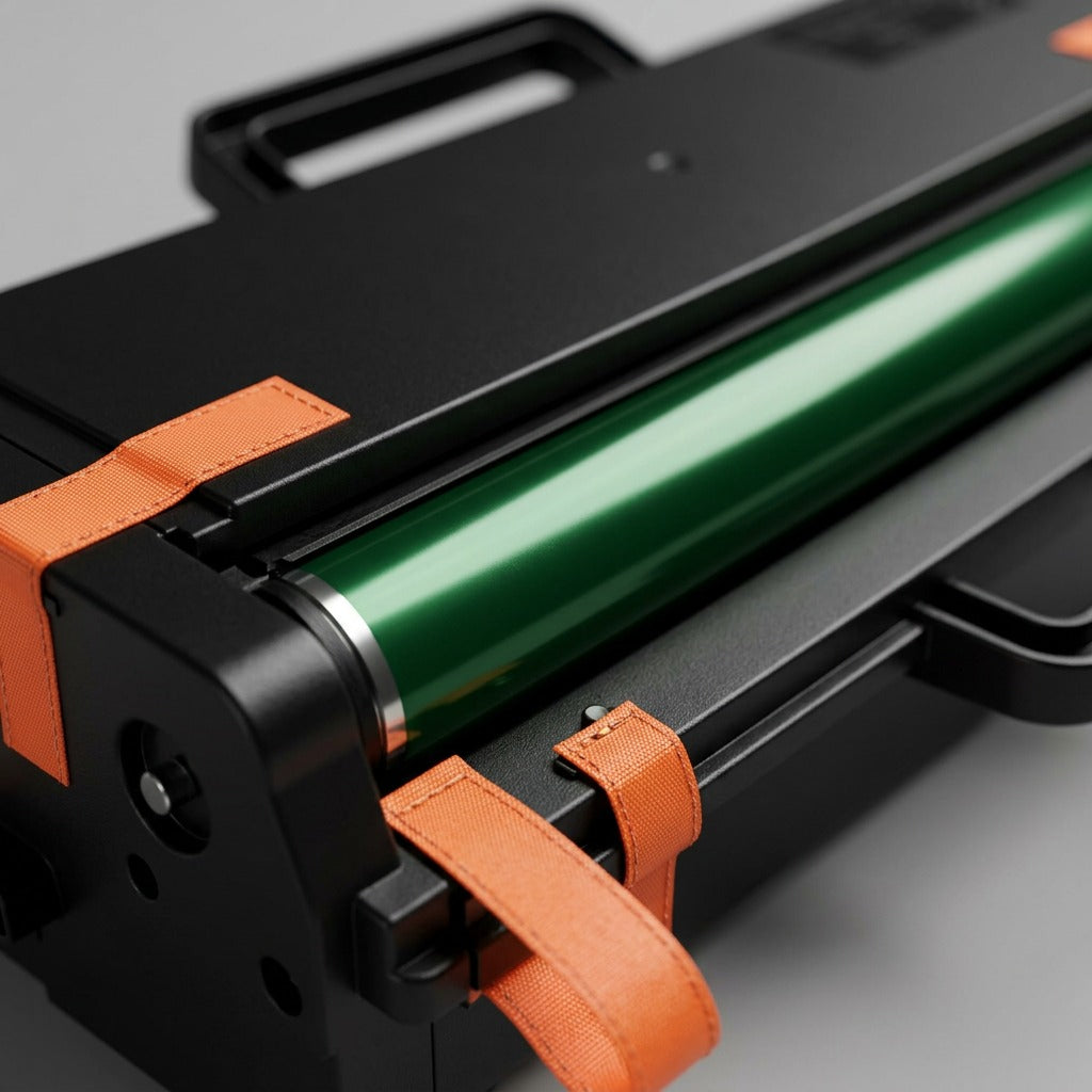 Macro detail of the green OPC drum and orange pull tabs on the Genuine Xerox Imaging Unit.