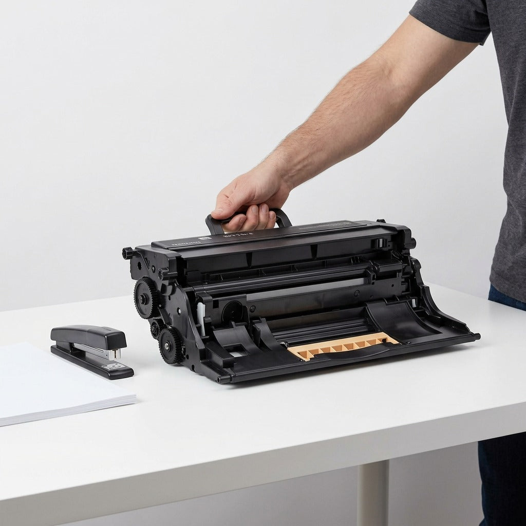 Rendered image comparing a Xerox VersaLink B625 Black Imaging Kit to hands.