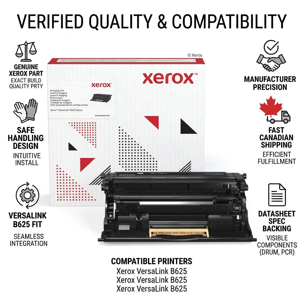 An infographic visual of the Xerox 013R00699, verifying its quality and Canadian availability with fact-based icons.
