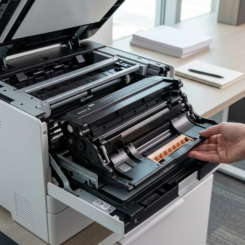 Realistic photo showing the Xerox 013R00699 imaging kit installed inside a VersaLink office printer.