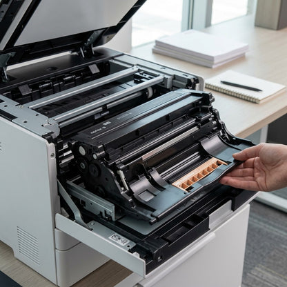 Realistic photo showing the Xerox 013R00699 imaging kit installed inside a VersaLink office printer.