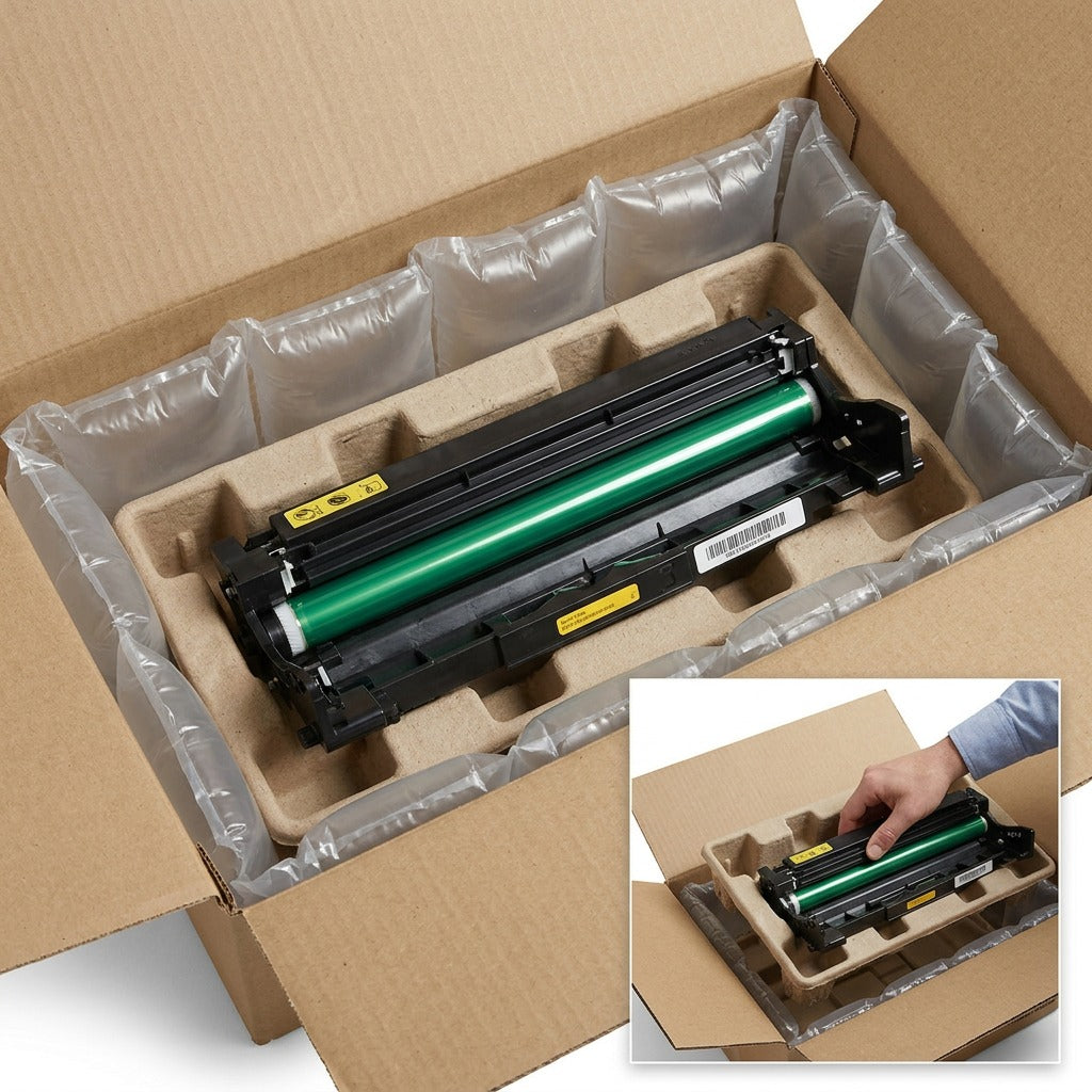 A secure unboxing scene showing the specific Xerox 101R00474 drum cartridge nestled in robust, molded pulp tray packaging within a larger shipping box, featuring air cushions for added protection. The distinct green drum of the cartridge is visible. A smaller inset view shows a hand lifting the protected tray. No logos or extraneous text beyond product labels.