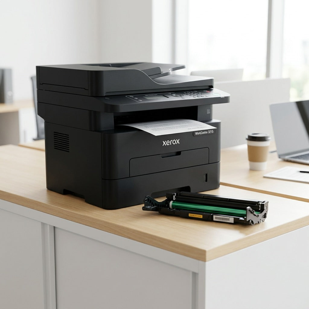 A realistic, well-lit photograph showing the canonical Xerox 101R00474 Drum Cartridge from the reference image, out of its packaging, placed on a clean office desk next to a modern black laser printer (like the Xerox WorkCentre 3215), illustrating its context of use. Natural light from a window illuminates the scene.