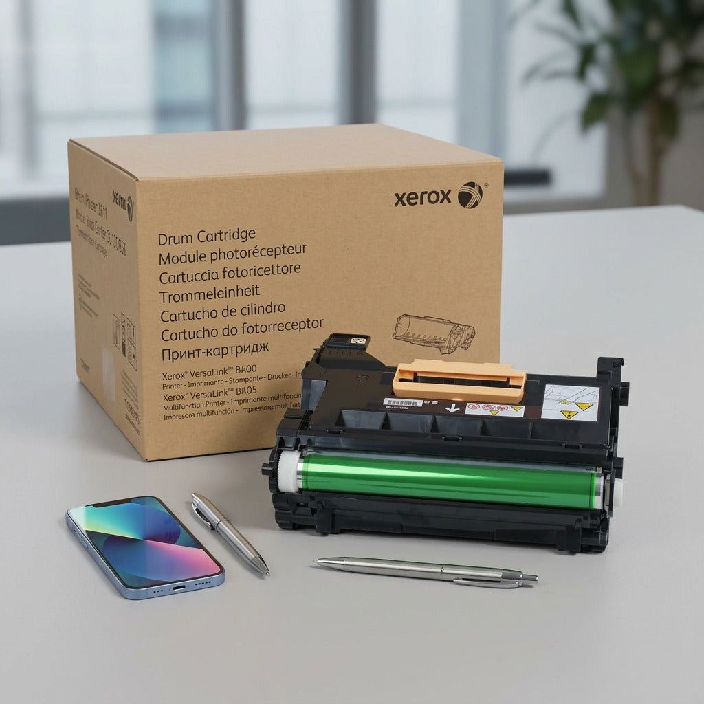 Xerox 101R00554 VersaLink B400/B405 Drum Cartridge shown to scale next to a smartphone and a BIC pen on a desk.