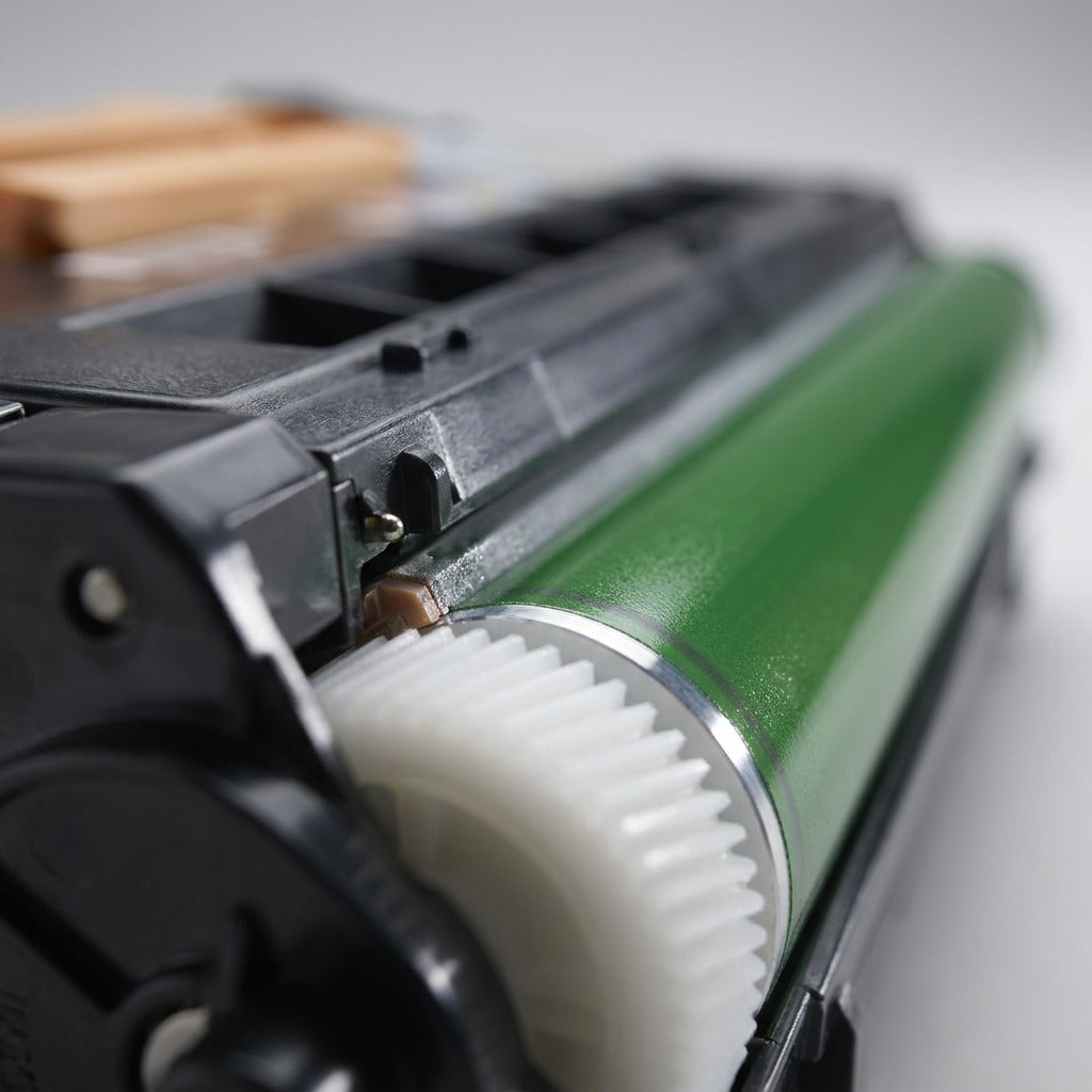 An extreme close-up photograph focuses on a part of black printer drum cartridge, revealing a textured plastic, metallic contacts, and white plastic gear. It includes various printed diagrams with caution symbols.