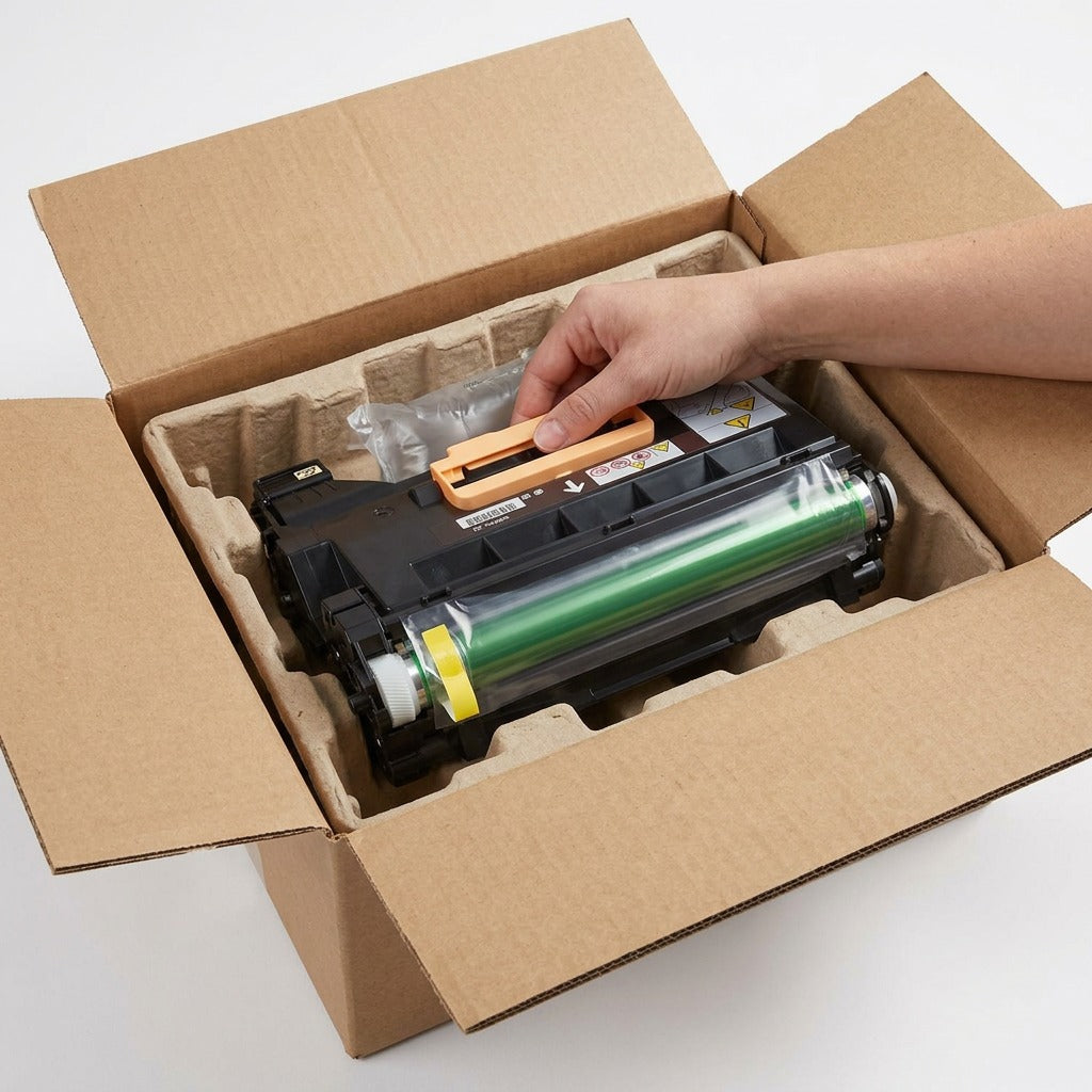 A photo of the Xerox 101R00554 VersaLink B400/B405 Drum Cartridge, with protective film, in open shipping.