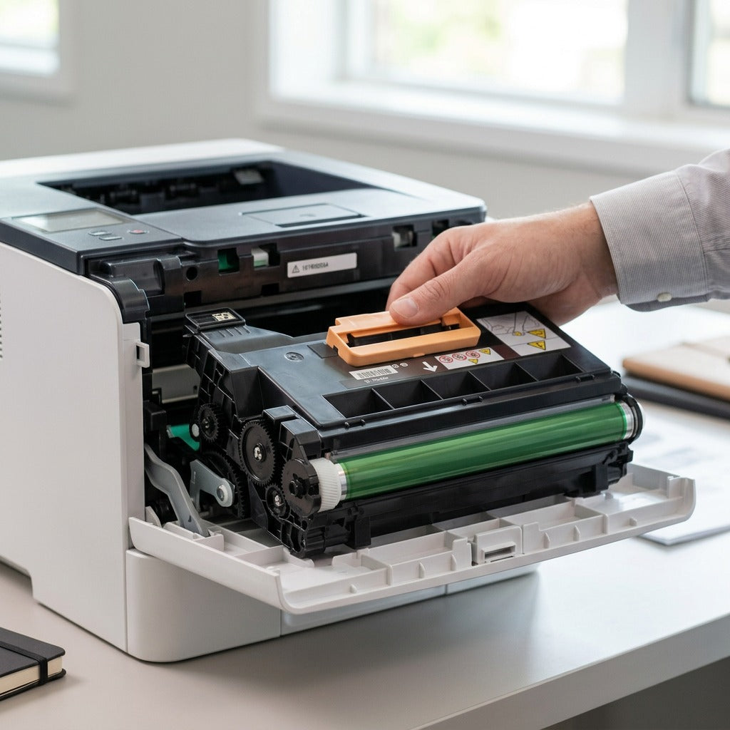 A high-resolution product photograph of the Xerox 101R00554 VersaLink B400/B405 Genuine Drum Cartridge being installed into a compatible Xerox VersaLink B400 printer, showing the prominent green OPC drum and orange handle.