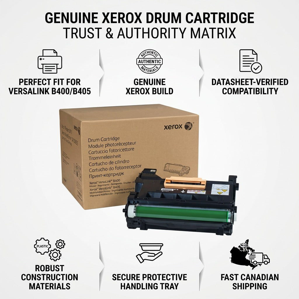 Infographic matrix showing a Xerox 101R00554 Drum Cartridge and 6 icons with trust/authority facts.
