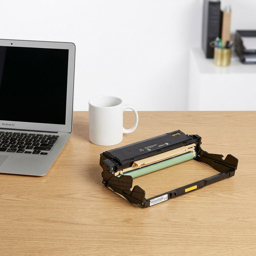 Xerox drum cartridge and coffee mug on a wooden desk with a MacBook Air.