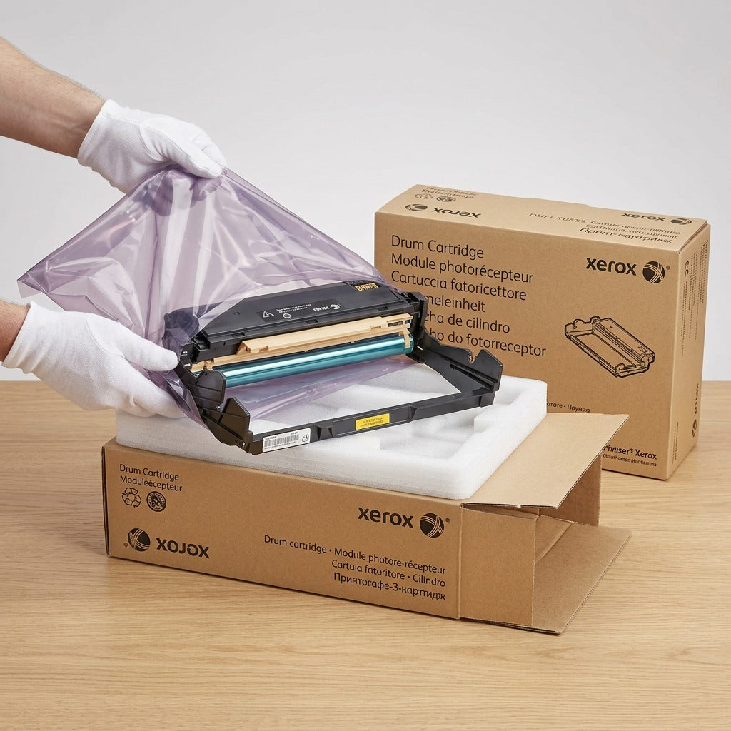 An image of the genuine Xerox 101R00555 drum cartridge being premiumly unboxed from its protective retail box and anti-static bag, instilling buyer confidence.