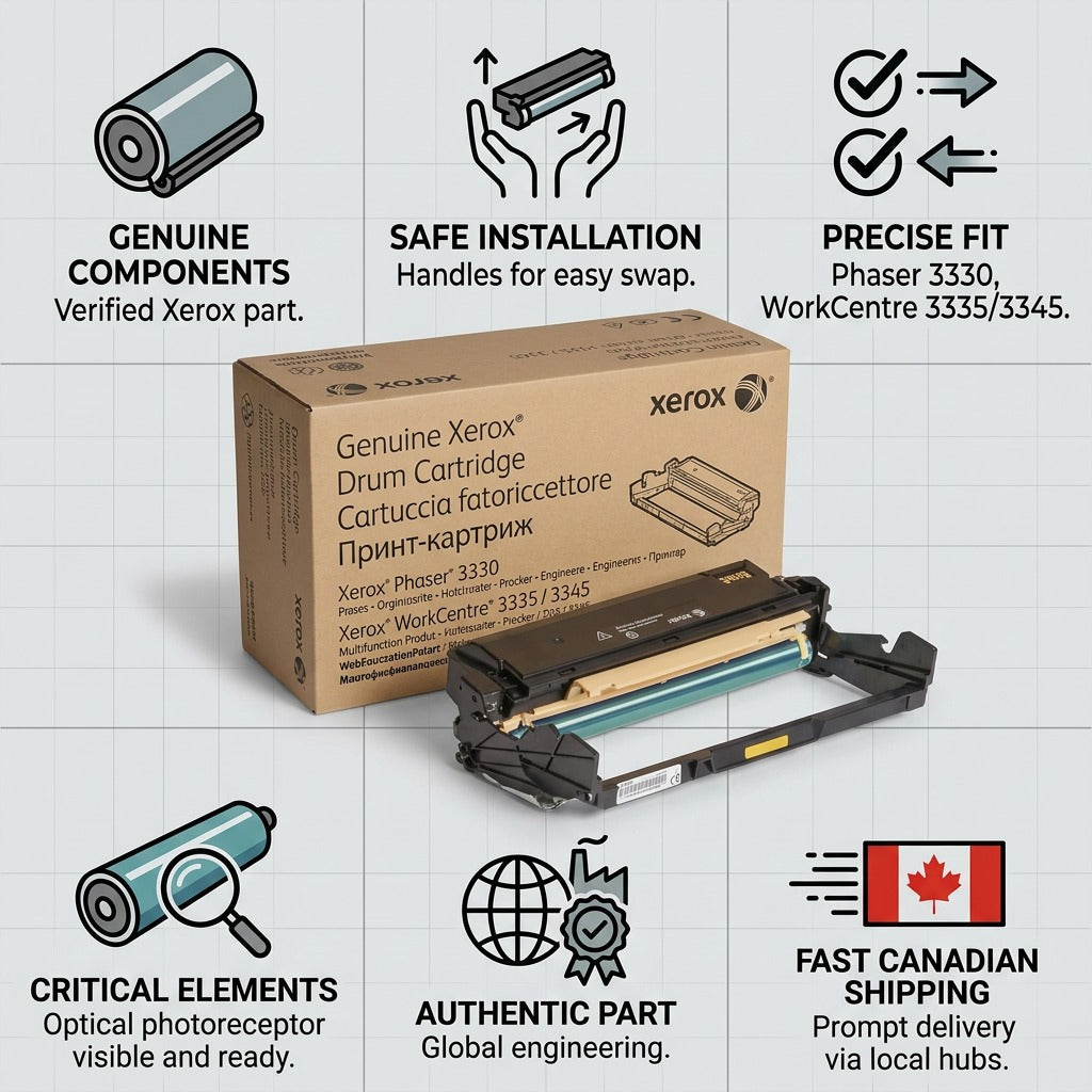 Trust infographic for Genuine Xerox 101R00555 Drum Cartridge, highlighting quality, fit, and speed.
