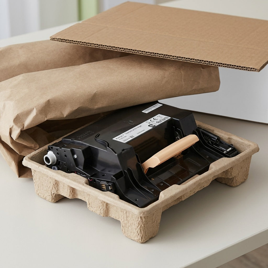A Xerox 101R00582 Genuine Xerox Drum Cartridge carefully unboxed from secure multi-layer shipping protection on a tidy table.