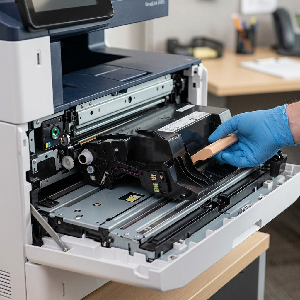 Lifestyle view: a technician in a blue glove installs the Xerox 101R00582 drum into a VersaLink MFP in an office.