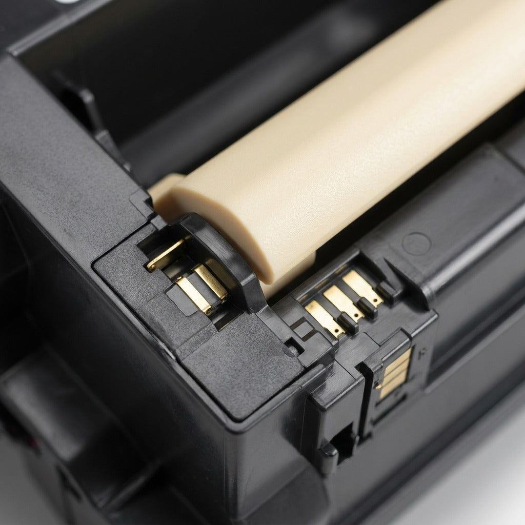 Extreme close-up of the gold electrical contacts and the light-colored roller on the Xerox drum cartridge.