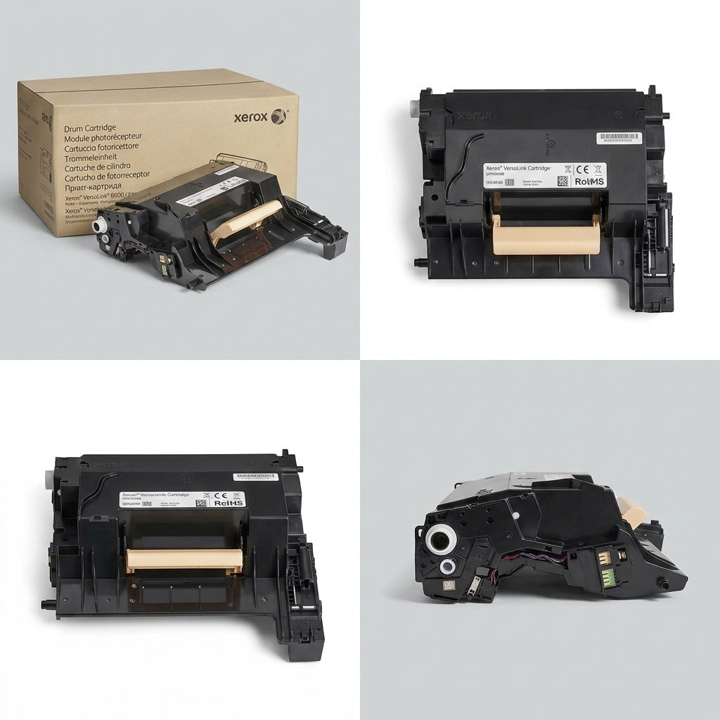 A clean grid visual matrix showcasing four distinct, accurate views of the Xerox 101R00582 Genuine Xerox Drum Cartridge.