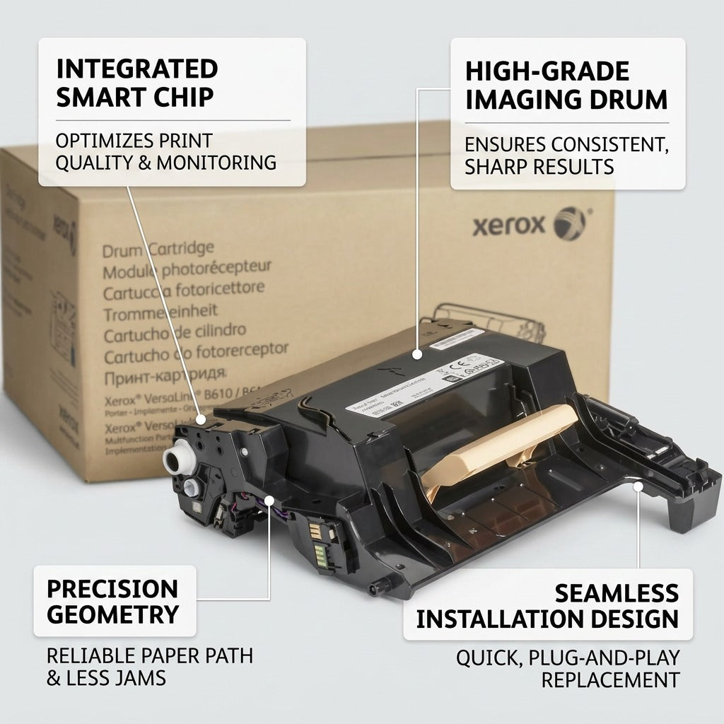 A feature infographic of the Xerox B600/B605 drum cartridge, highlighting key components for performance and ease of use.