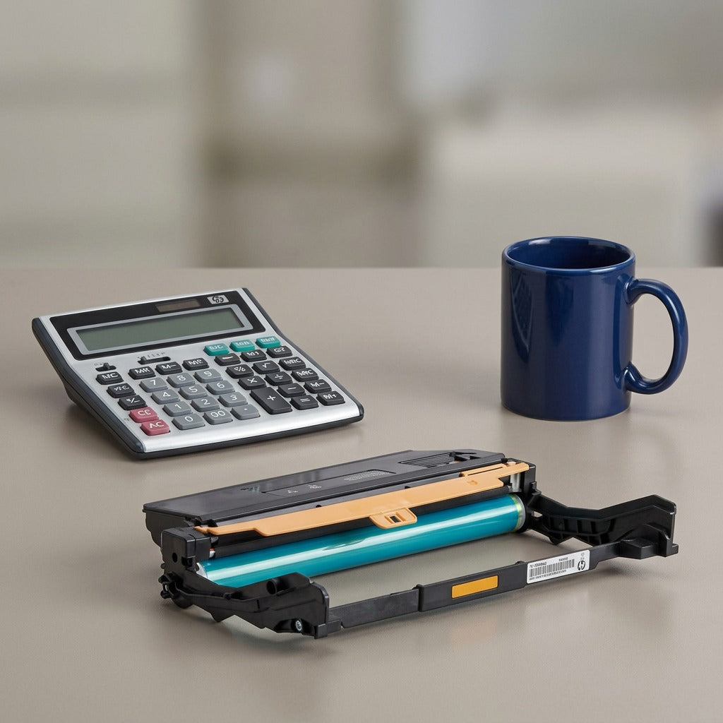 Render of a Xerox 101R00664 drum cartridge next to a calculator and a cup, defining its desktop footprint.