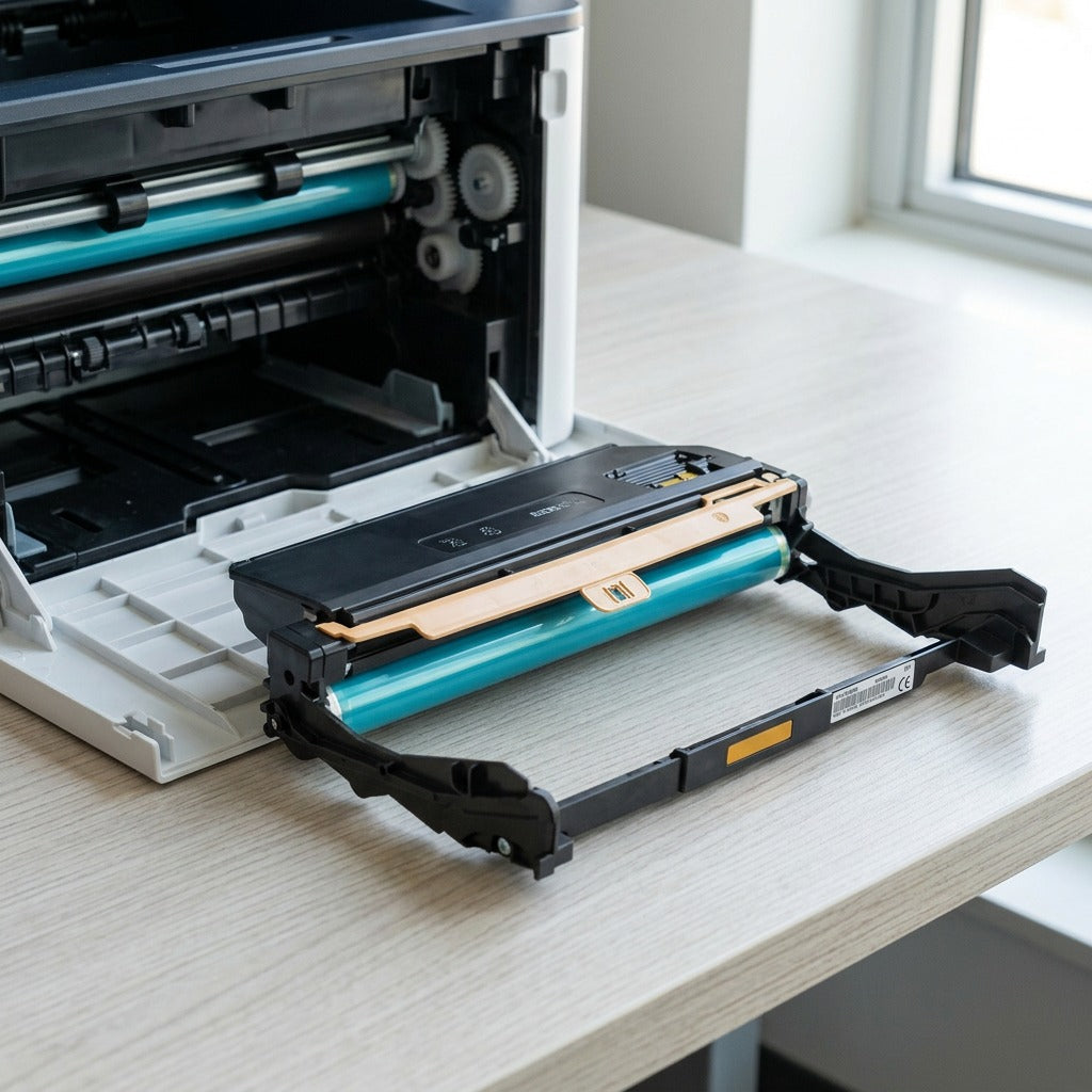 A photorealistic close-up of the specific Xerox 101R00664 drum cartridge from image_0.png, resting next to an open printer to show accurate scale and install context.