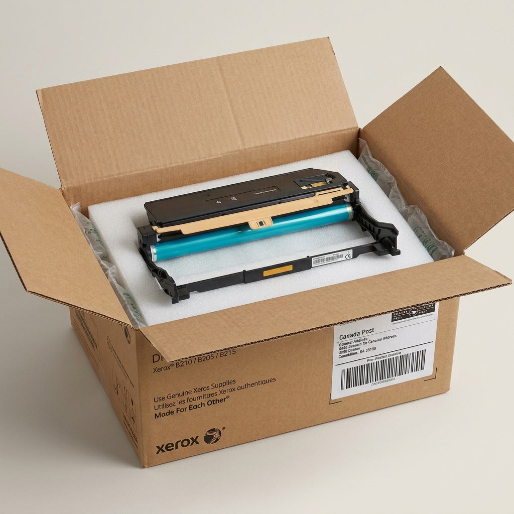 A realistic view of the Xerox drum cartridge in its sealed box, safely cushioned by protective inserts.