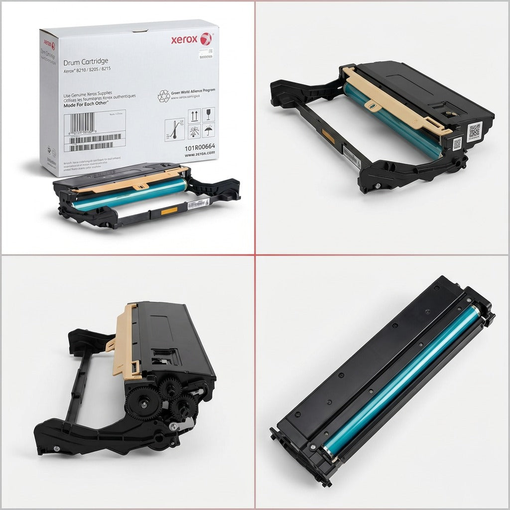 A PDP visual matrix showing the Xerox 101R00664 drum unit and its packaging from five different angles on a high-end, brand-aligned grid.
