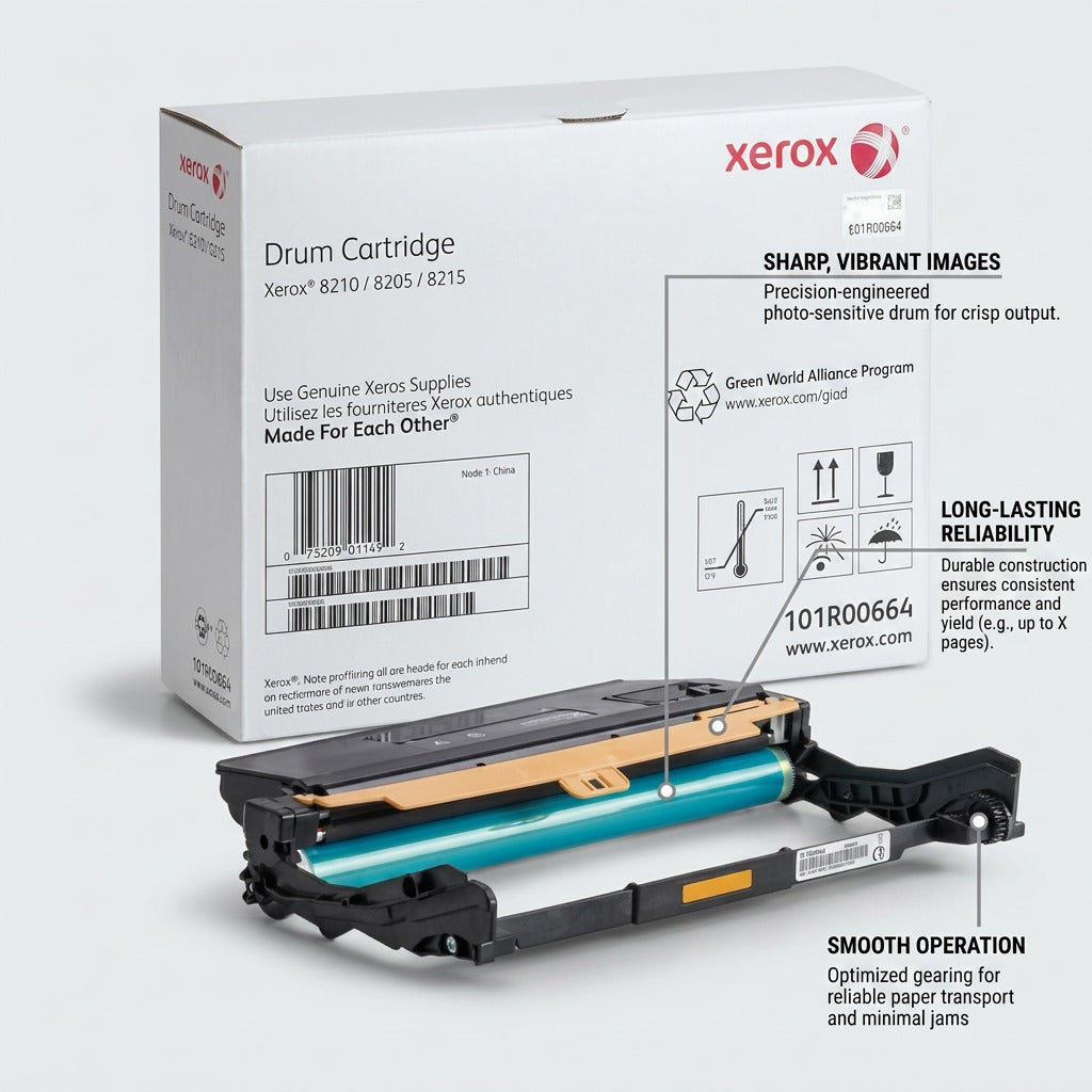 Xerox 101R00664 drum cartridge graphic with callouts highlighting operational features.