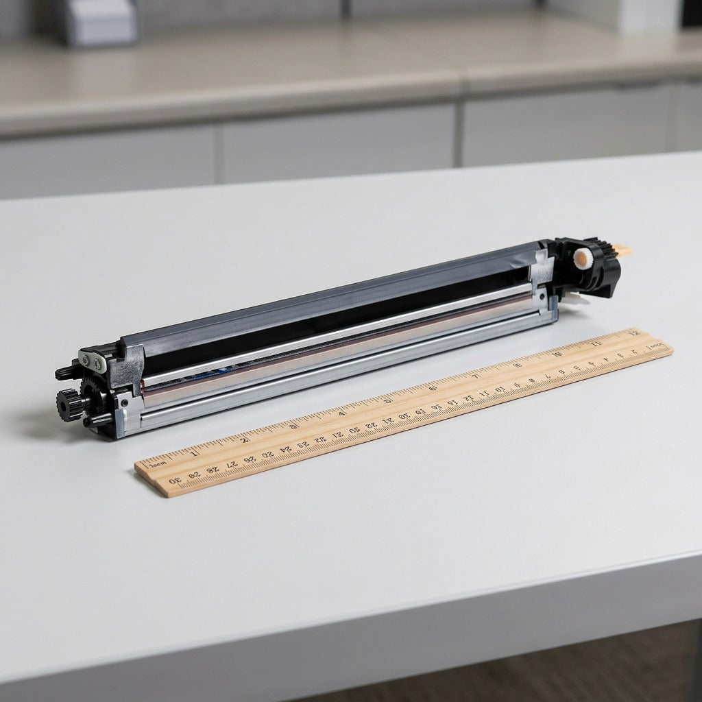 Xerox 104R00256 transfer belt cleaner next to a standard 30cm ruler for scale.