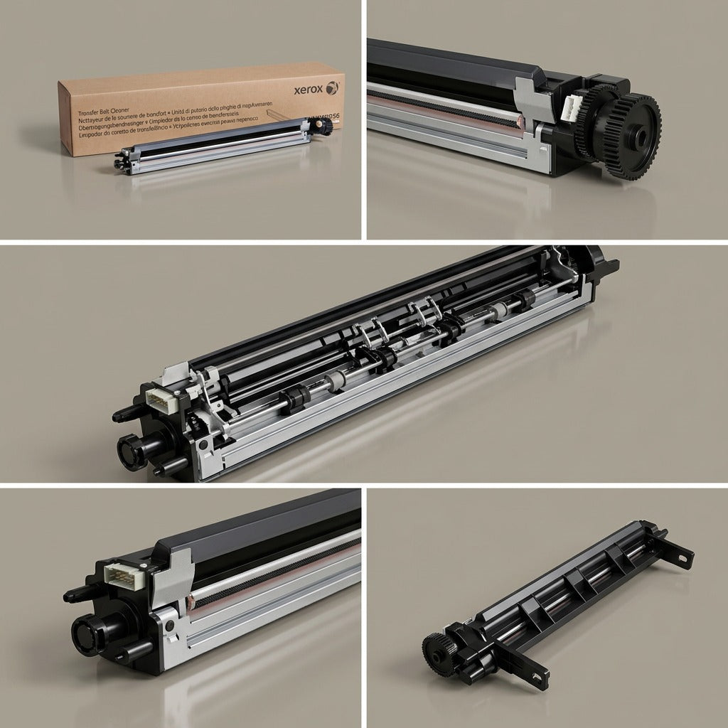 A multi-angle PDP visual matrix showcasing the Xerox 104R00 256 Transfer Belt Cleaner from five distinct views against a clean white background.