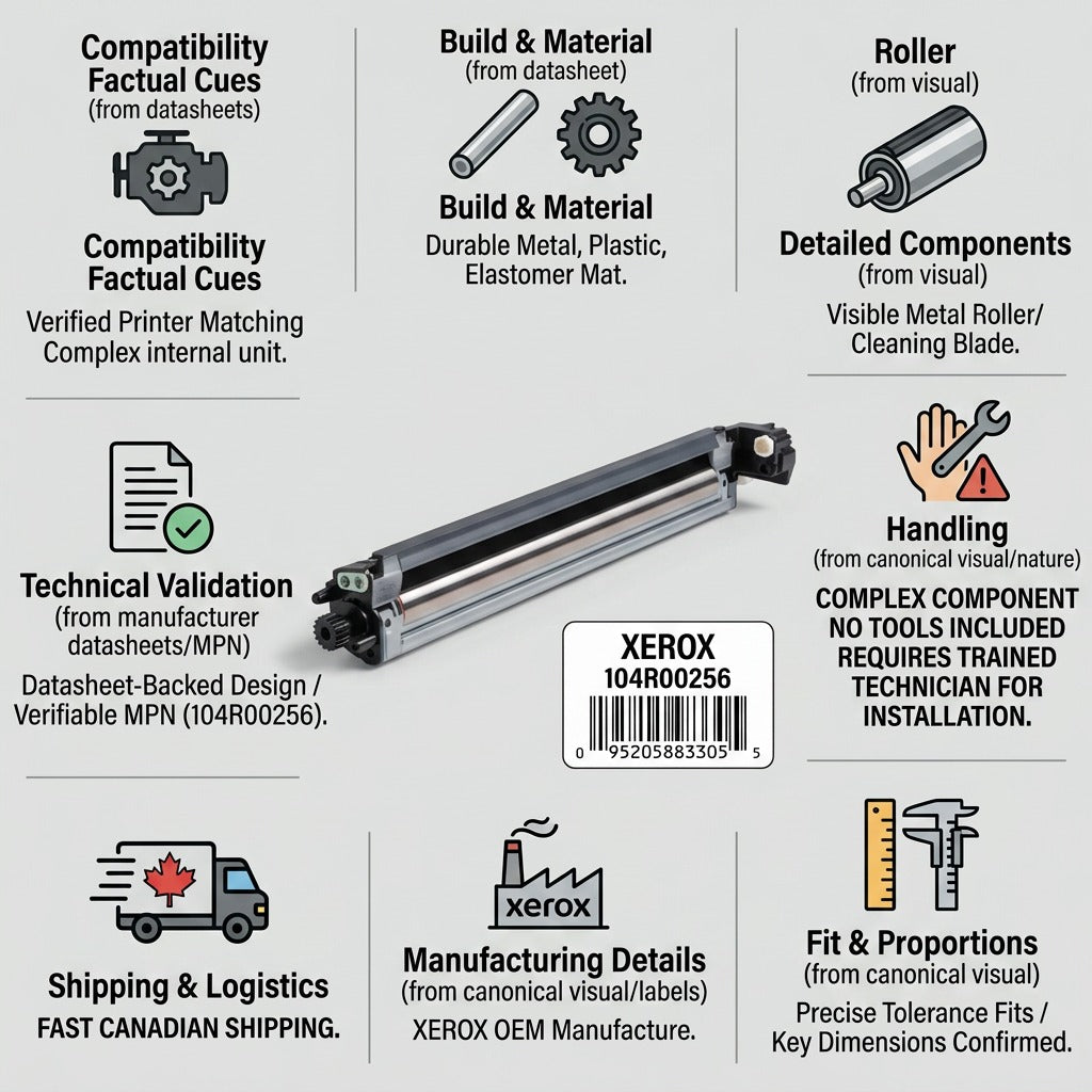 A factual e-commerce infographic showing the Xerox 104R00256 Transfer Belt Cleaner with component details, compatibility, and fast Canadian shipping icons.