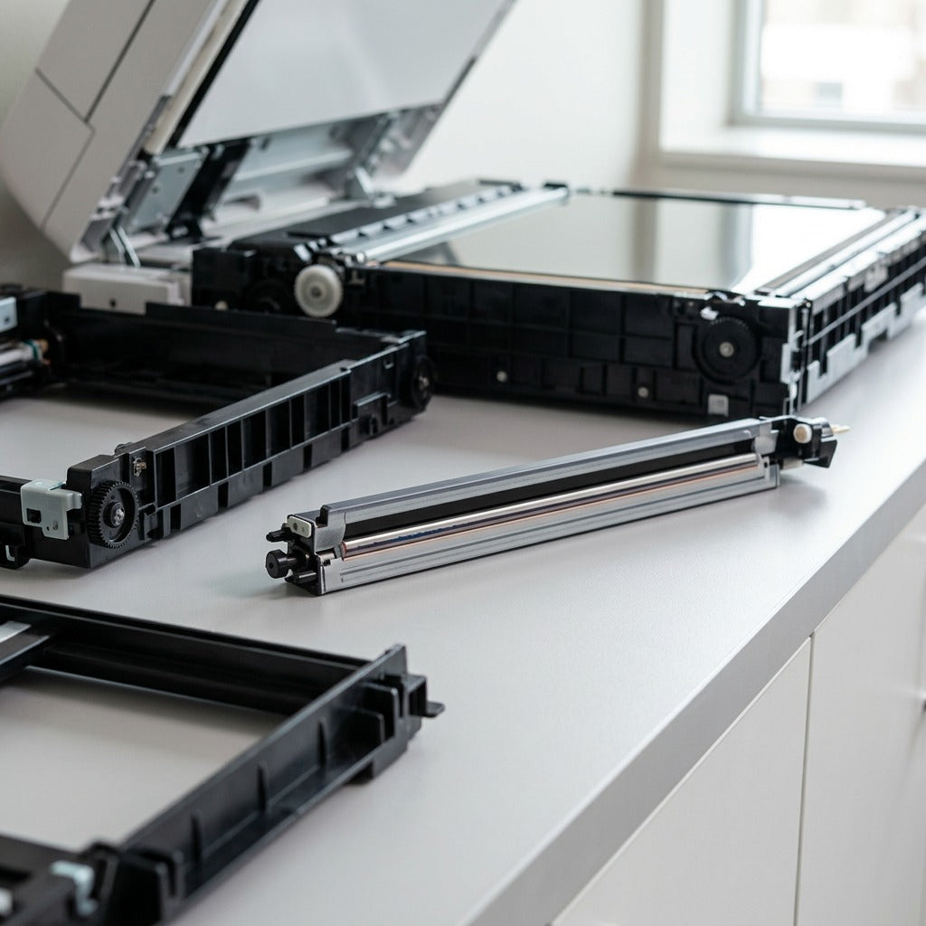 Xerox transfer belt cleaner placed on a maintenance surface, near a disassembled printer.